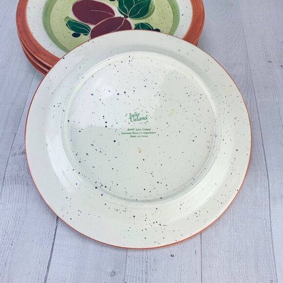 Julie Ueland 1997 FRUITS Center Rust Band Speckled Dinner Plates Set of Four - Picture 3 of 10